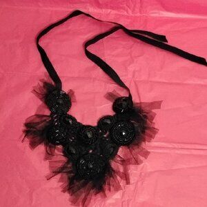 Elegant Black Beaded Choker Necklace w/ Tulle